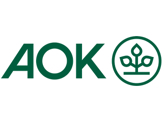 AOK Logo der AOK mit grünem Schriftzug und stilisiertem Pflanzenmotiv.