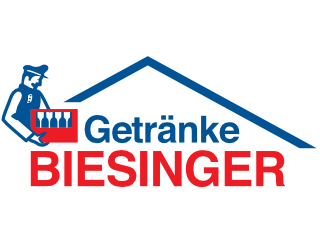 Getränke Biesinger Logo von Getränke Biesinger mit stilisiertem Lieferfahrer und Text.