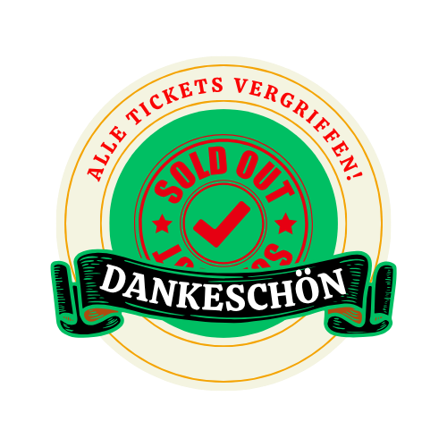 Muddy Älbler – Alle Tickets vergriffen! Rundes Emblem mit "Sold Out" und der Aufschrift "Danke schön!".