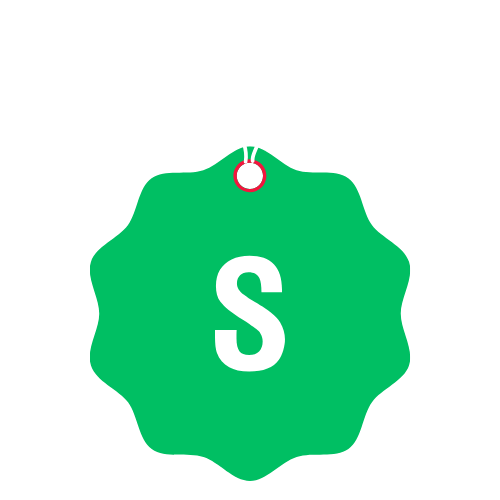Muddy S Grüne Auszeichnungsmarke mit einem roten Aufhänger und dem Buchstaben "S" in der Mitte.
