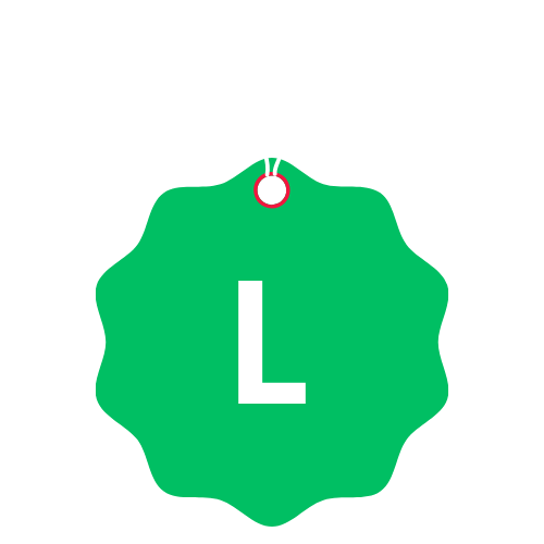Muddy L Grünes Etikett mit dem Buchstaben "L" in der Mitte.