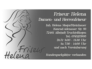 Friseur Helena Friseur Helena: Visitenkarte mit Name, Kontaktdaten und Frisuren-Symbol.