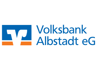 Volksbank Albstadt Logo der Volksbank Albstadt eG mit einem blauen V und orangefarbenem Balken.